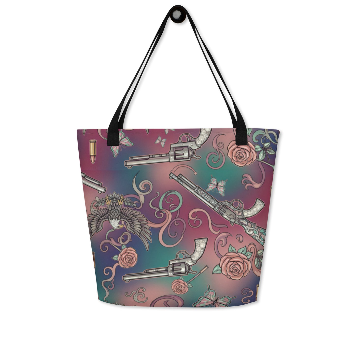 Roses and Revolvers Large tote bag with pocket