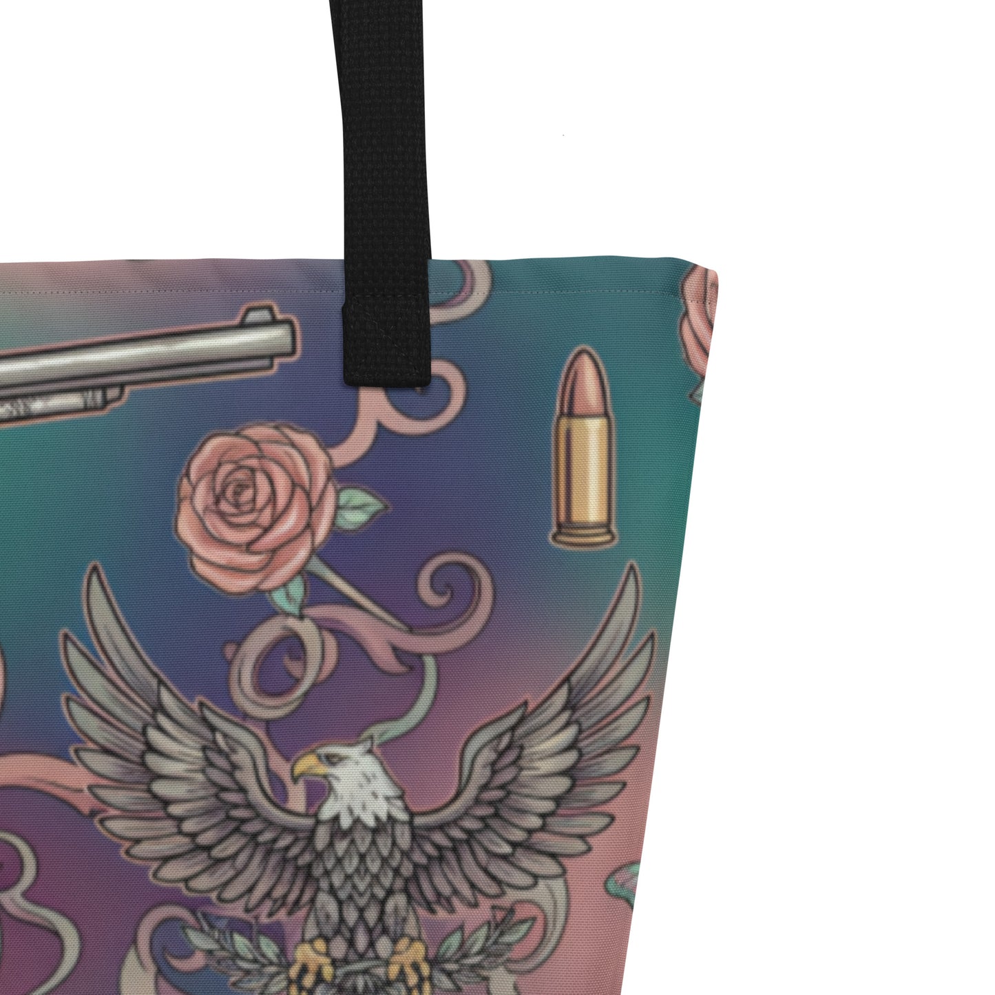 Roses and Revolvers Large tote bag with pocket