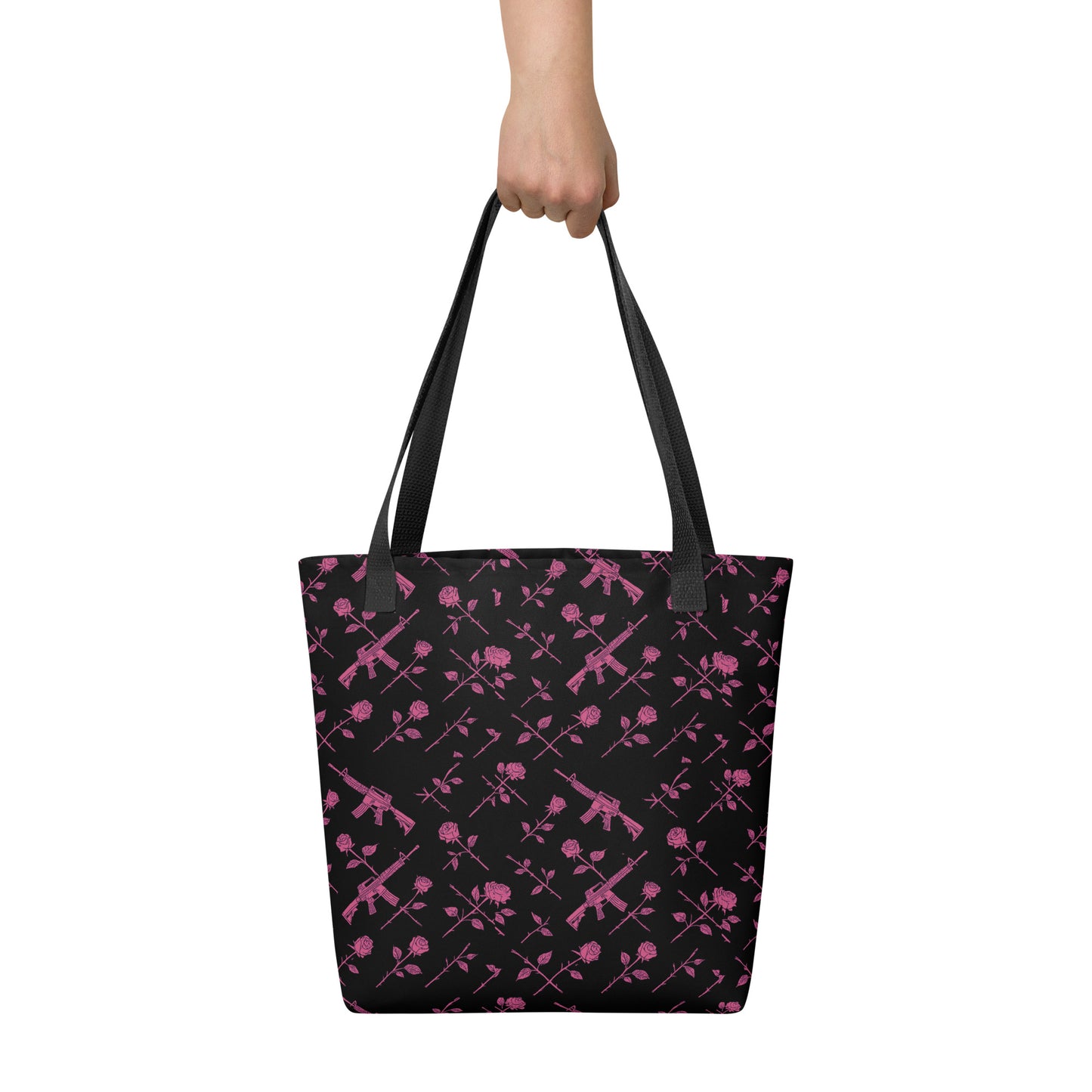 “Armed & Empowered” Tote – Roses & Rifles All-Over Print