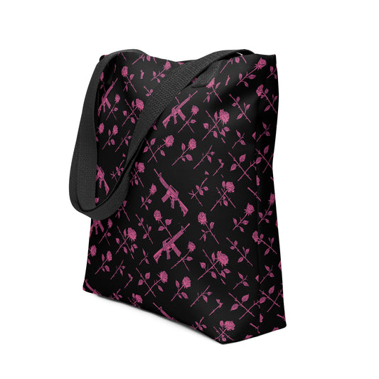 “Armed & Empowered” Tote – Roses & Rifles All-Over Print