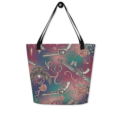 Roses and Revolvers Large tote bag with pocket