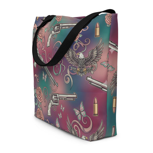 Roses and Revolvers Large tote bag with pocket