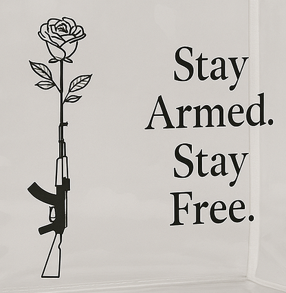 "Stay Armed. Stay Free." Clear Tote Bag – Rose & Rifle Graphic
