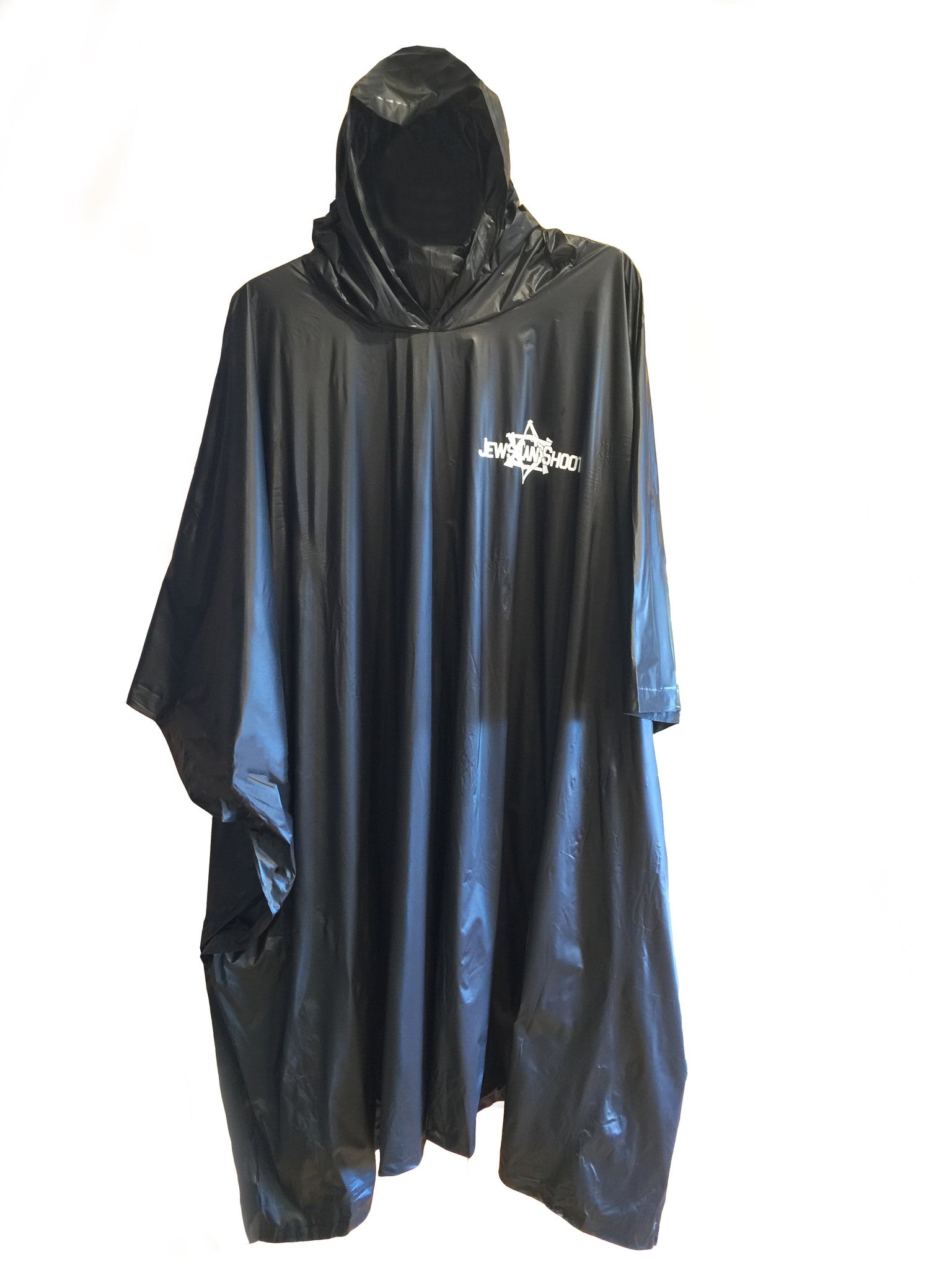 Save your day at the range if it starts to rain with this waterproof rain poncho. Proudly displays Jews Can Shoot logo. Also great for running out to get your mail or take out the trash. Easy on - easy off.  The vinyl rain protector can be packed in the included clear pouch for portability. The convenient poncho comes in a one-size-fits-most-adults size and includes a hood and snaps at the sides for extra protection against the elements. Pouch size is 8-1/4" x 9-1/4".