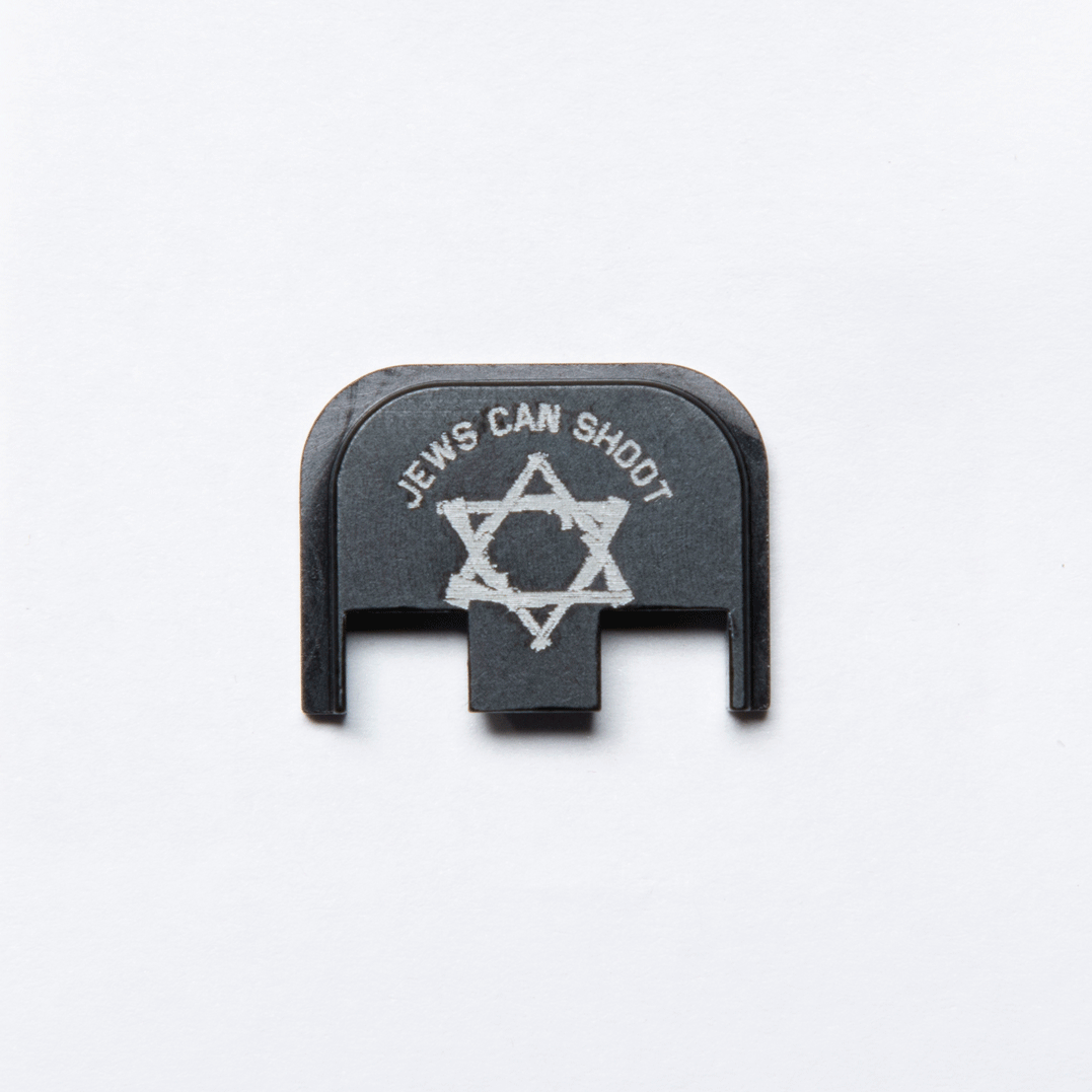 Custom engraved Slide Cover Plate with JEWS CAN SHOOT logo - Black - LIMITED QUANTITY