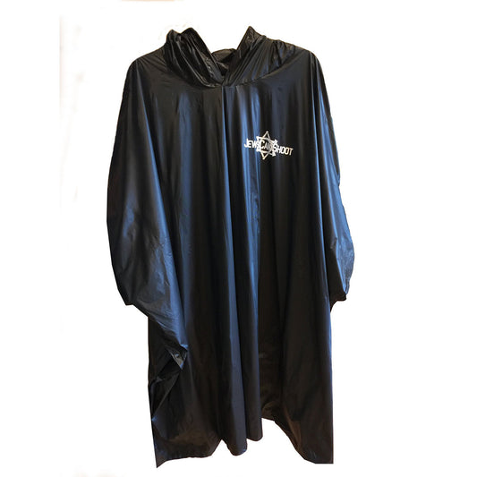 Save your day at the range if it starts to rain with this waterproof rain poncho. Proudly displays Jews Can Shoot logo. Also great for running out to get your mail or take out the trash. Easy on - easy off.  The vinyl rain protector can be packed in the included clear pouch for portability. The convenient poncho comes in a one-size-fits-most-adults size and includes a hood and snaps at the sides for extra protection against the elements. Pouch size is 8-1/4" x 9-1/4".